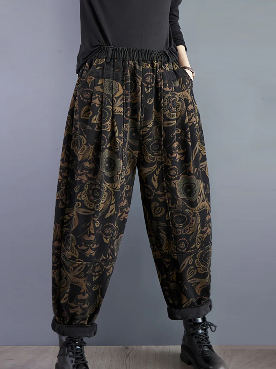 Retro Flower Winter Fleece-lined Harem Pants