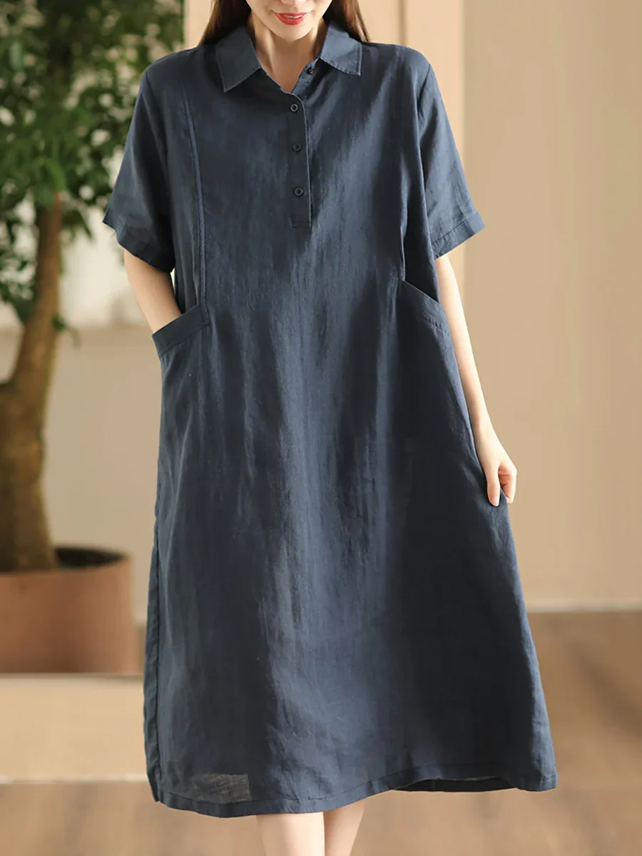 Casual Solid Loose Polo Collar Linen Dress