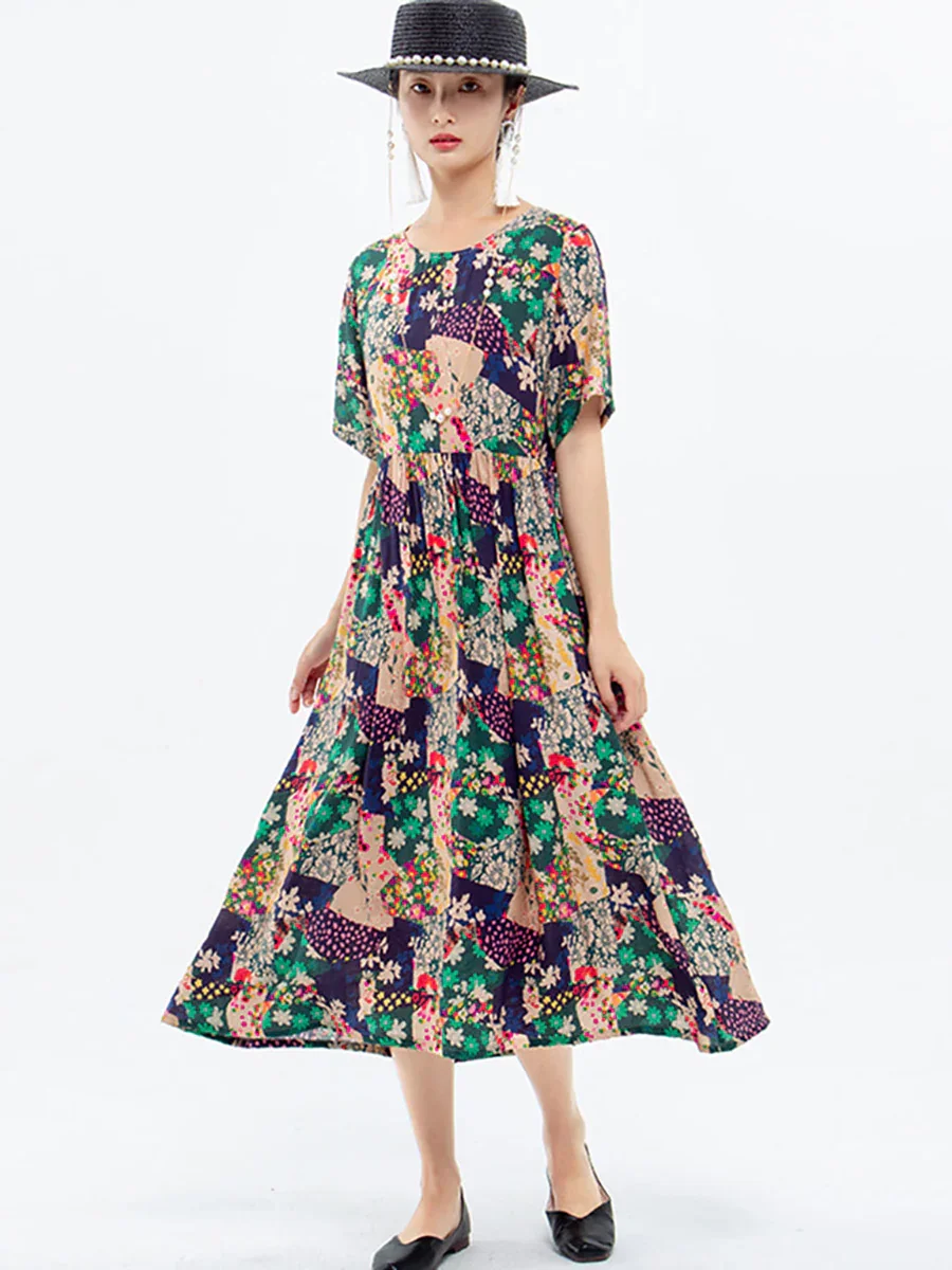 Floral Prints Short Sleeve Summer Loose Dress