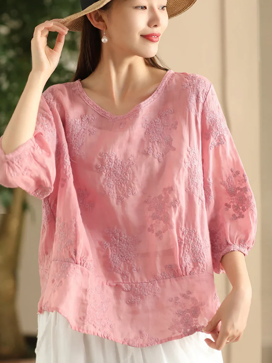 Artsy Floral Embroidery Spliced Ramie Shirt