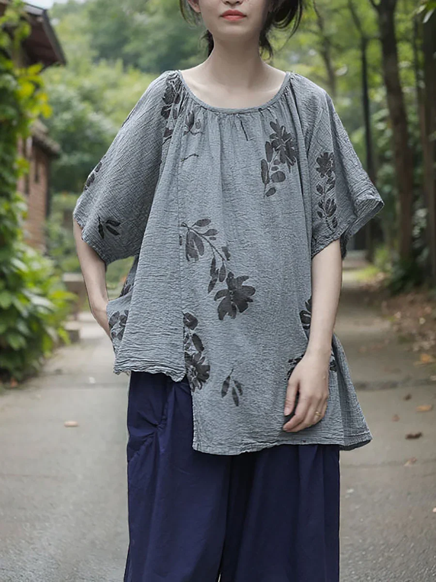  Flower Irregular Spliced O-Neck Cotton Shirt