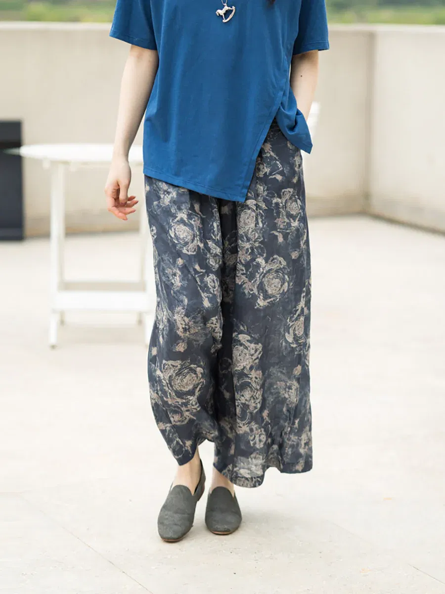 Retro Flower Pocket Straight-leg Ramie Pants