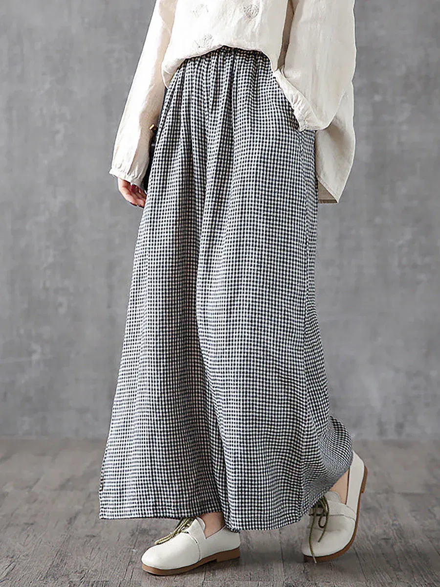 Casual Plaid Linen Cotton Wide-Leg Pants