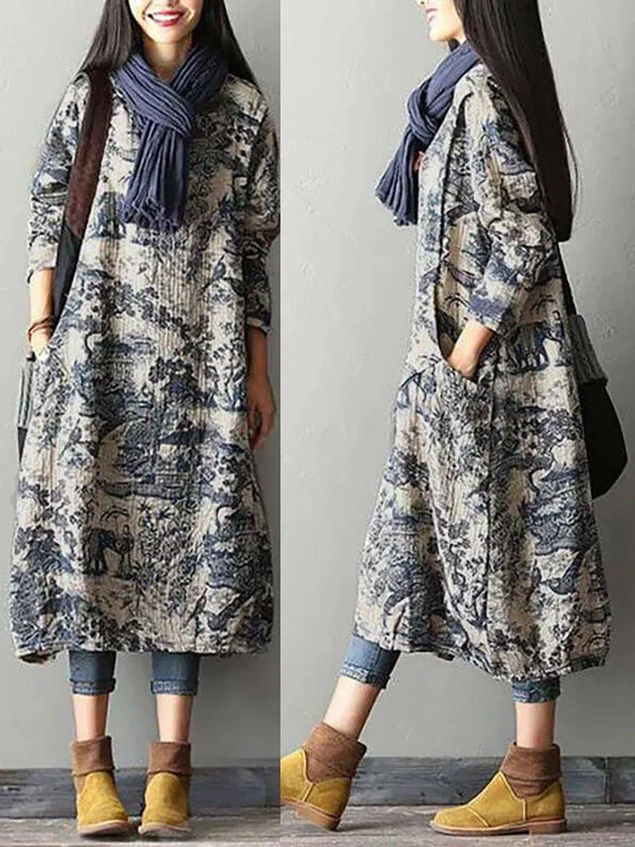 Cotton Vintage Casual Loose Printing Maxi Dress