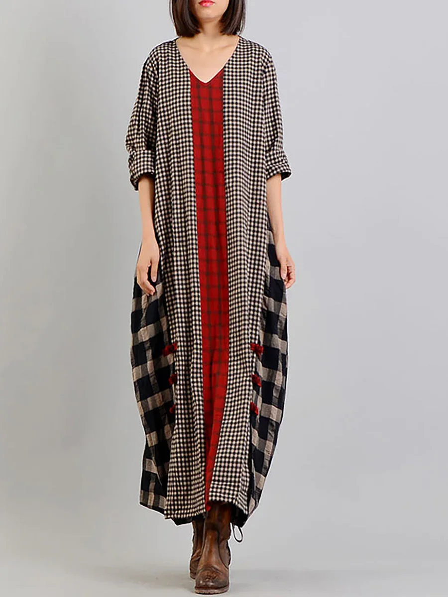  Different Colored Plaid Retro Cotton Linen Dress