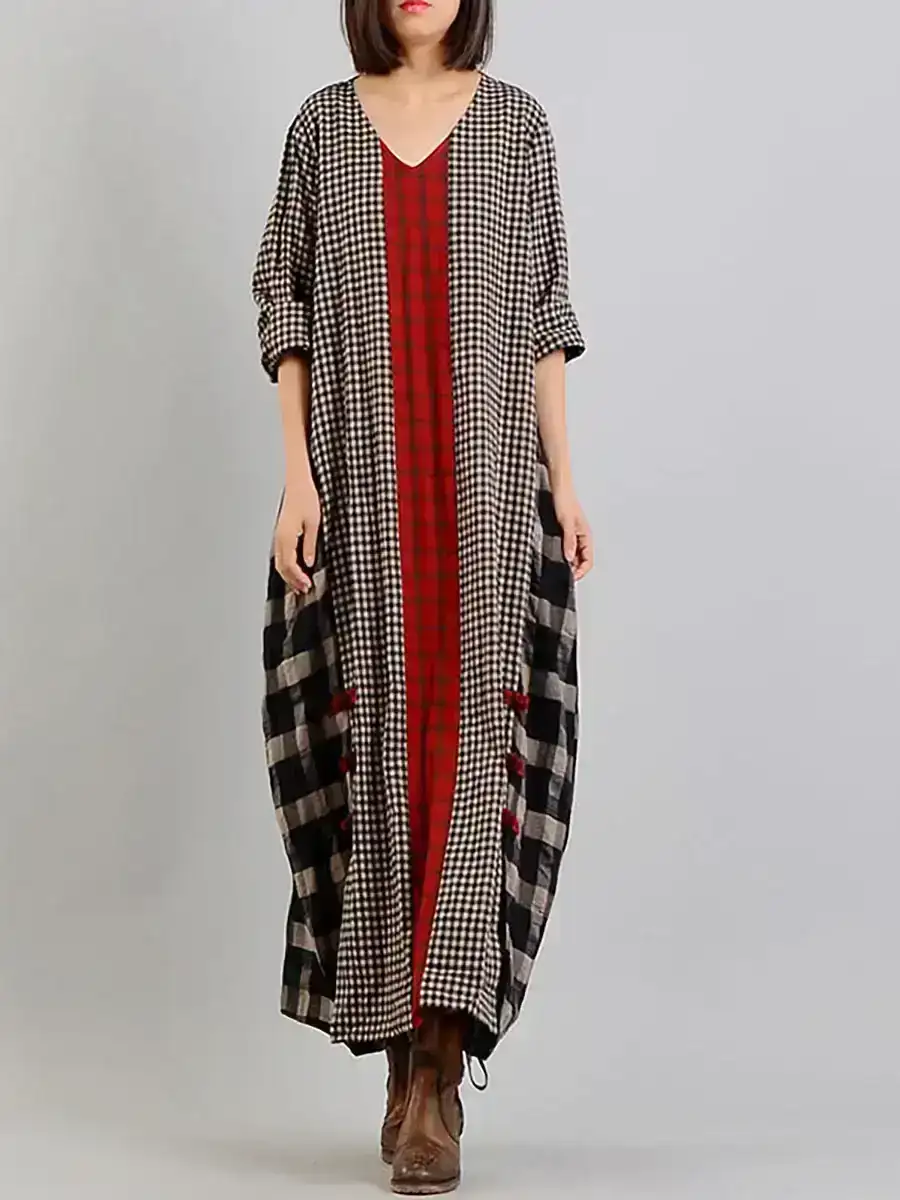 Plus Size Different Colored Plaid Cotton Linen Dress