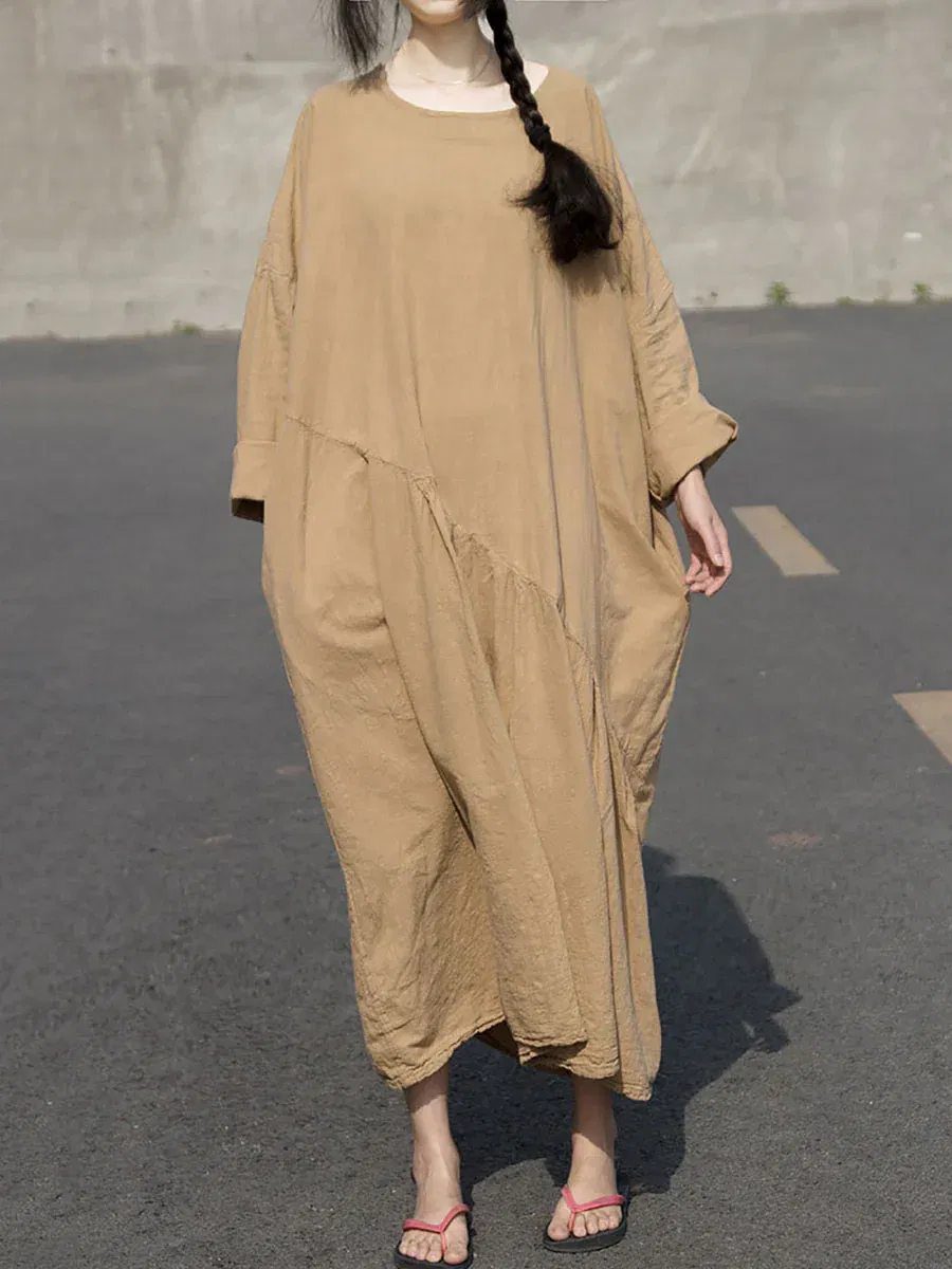 Solid Spliced Loose Linen Cotton Dress