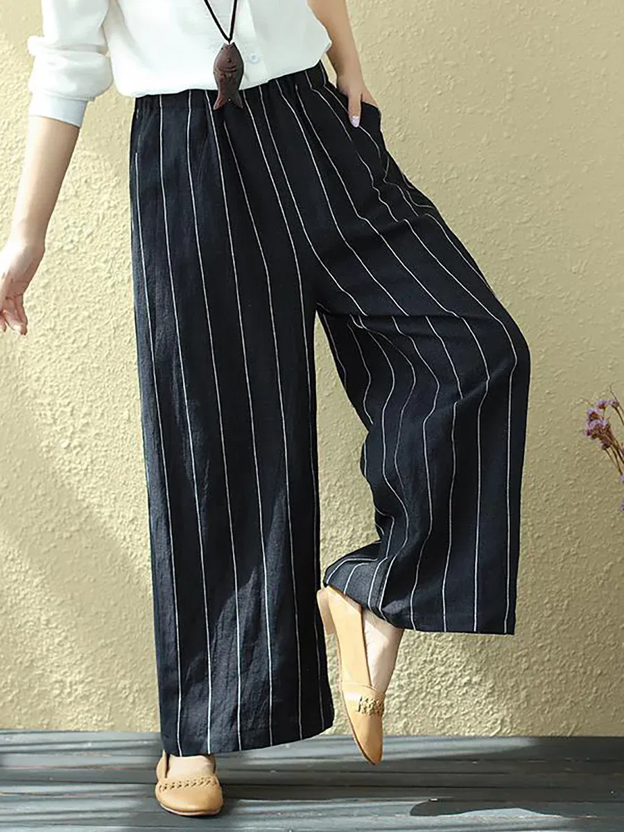 Plus Size 100% Linen Stripes Pants