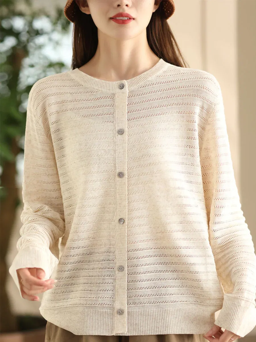 Solid Stripe O-Neck Button Linen Blouse