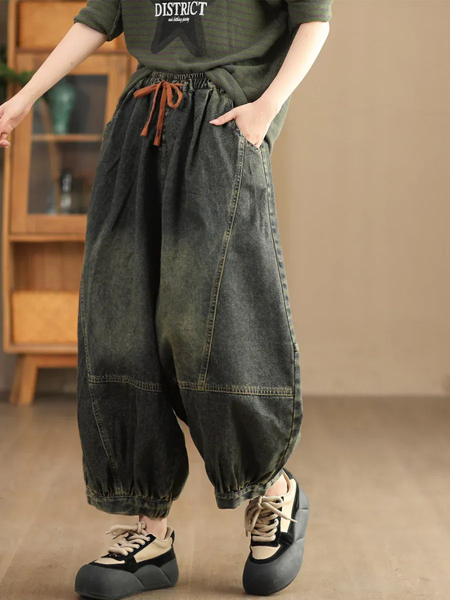 Retro Spliced Solid Loose Denim Bloomers