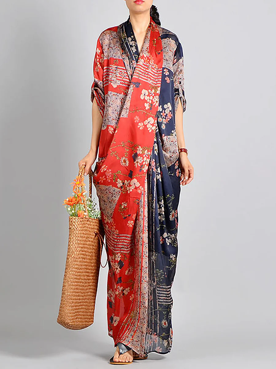 Spliced Floral Print Vintage Tencel Women Dress