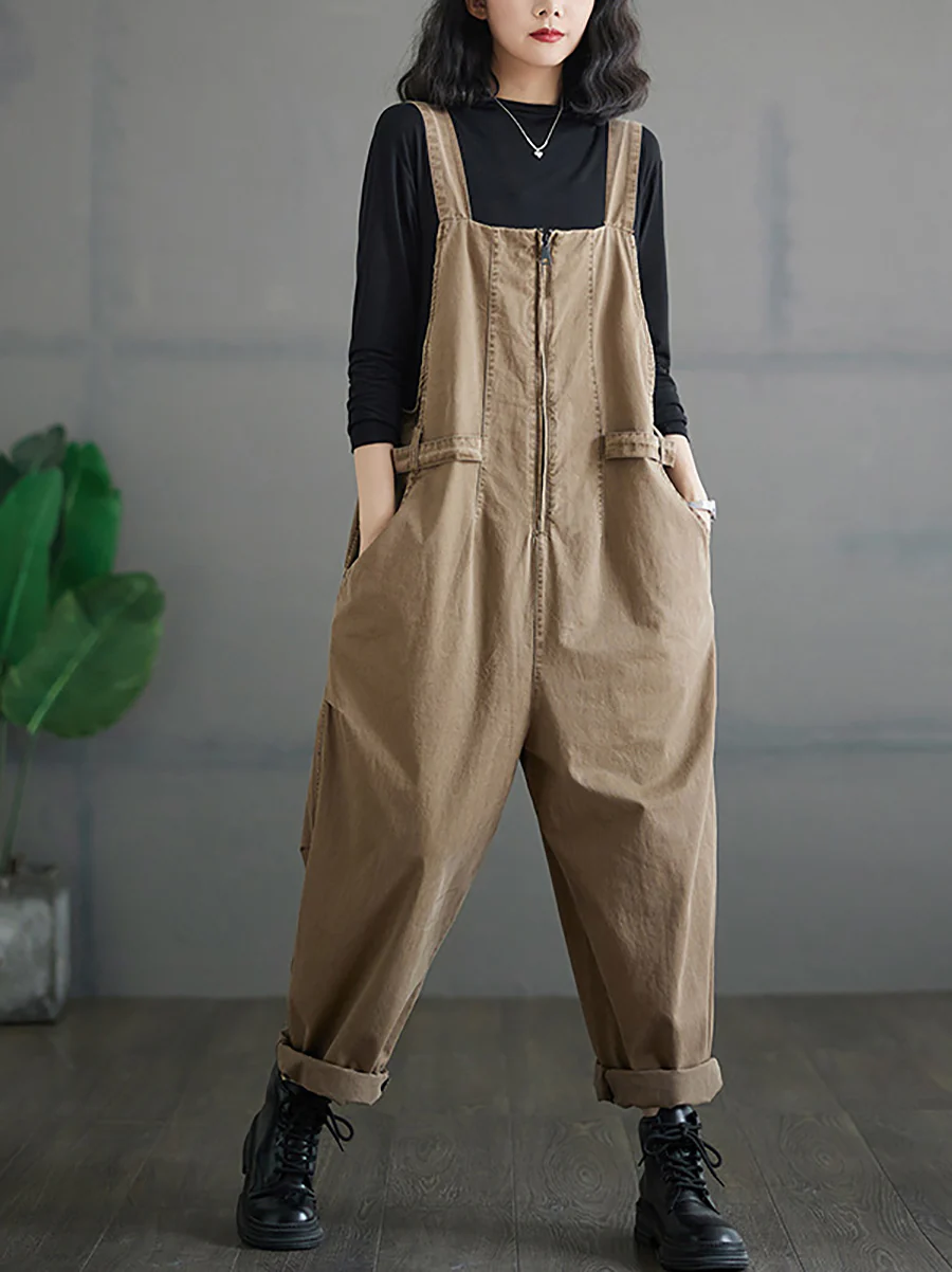 Autumn Zipper Casual Loose Solid Jumpsuits