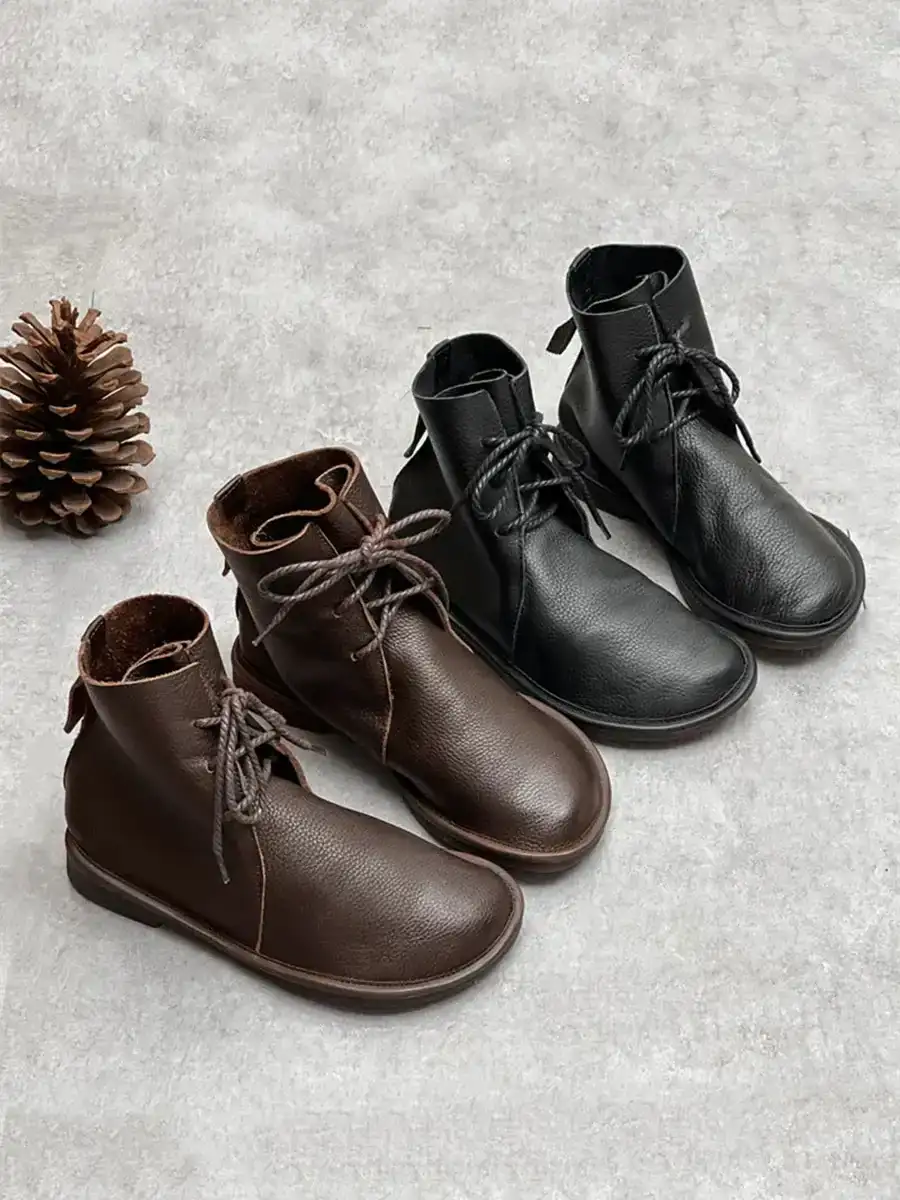 Vintage Genuine Leather Drawstring Ankle Boots