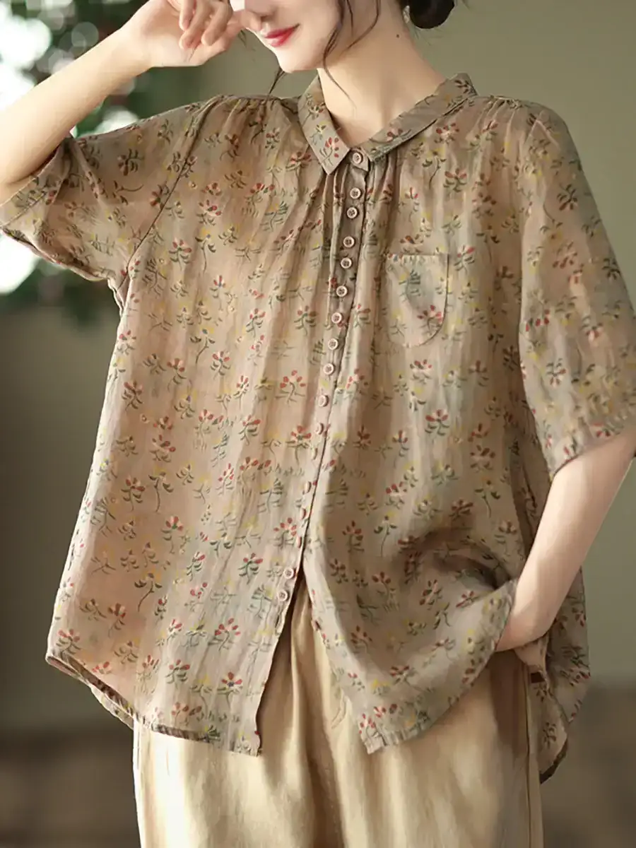 Floral Ramie Casual Summer Women Shirt