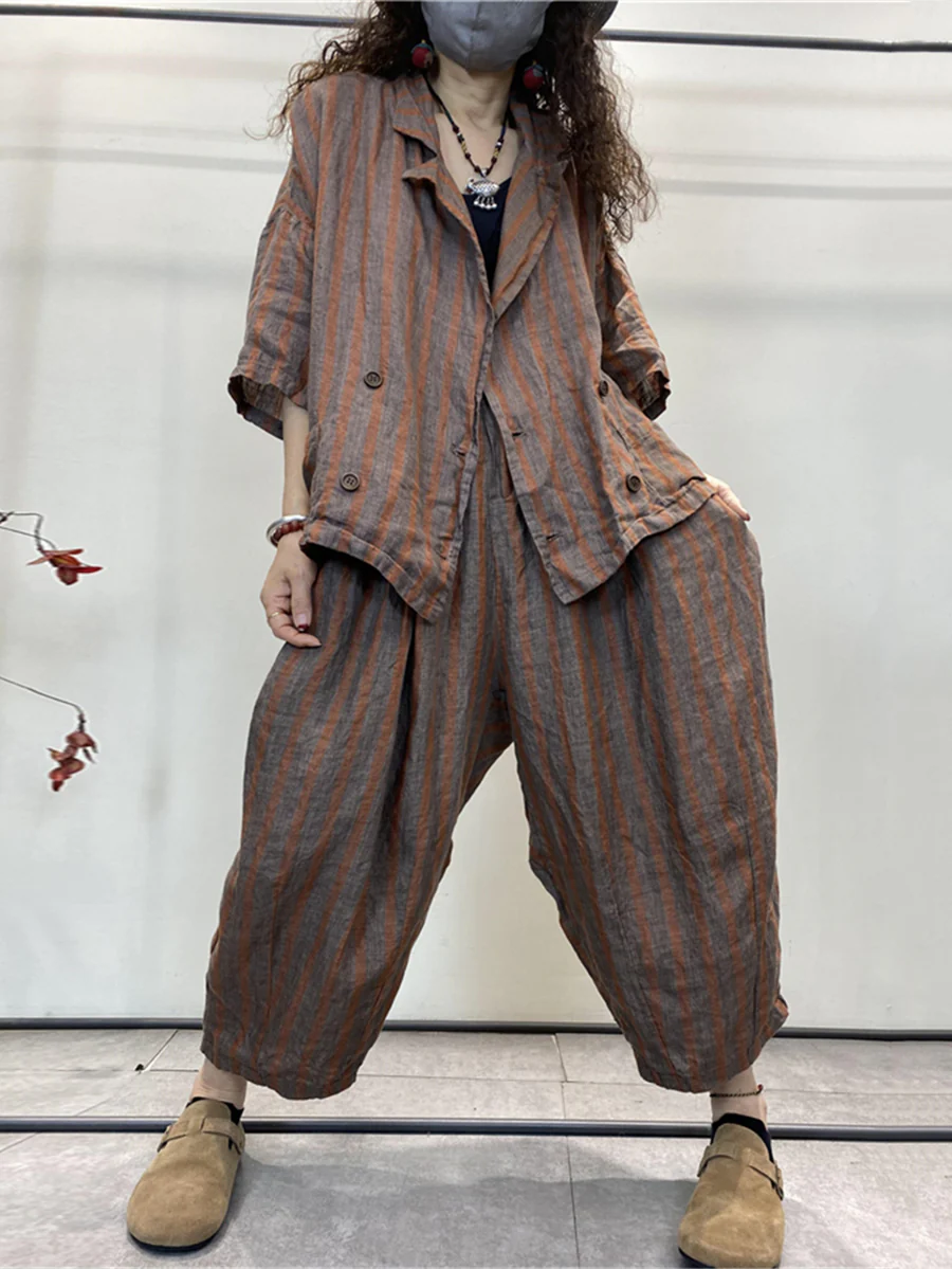  Retro Stripe Button Loose Linen Suits