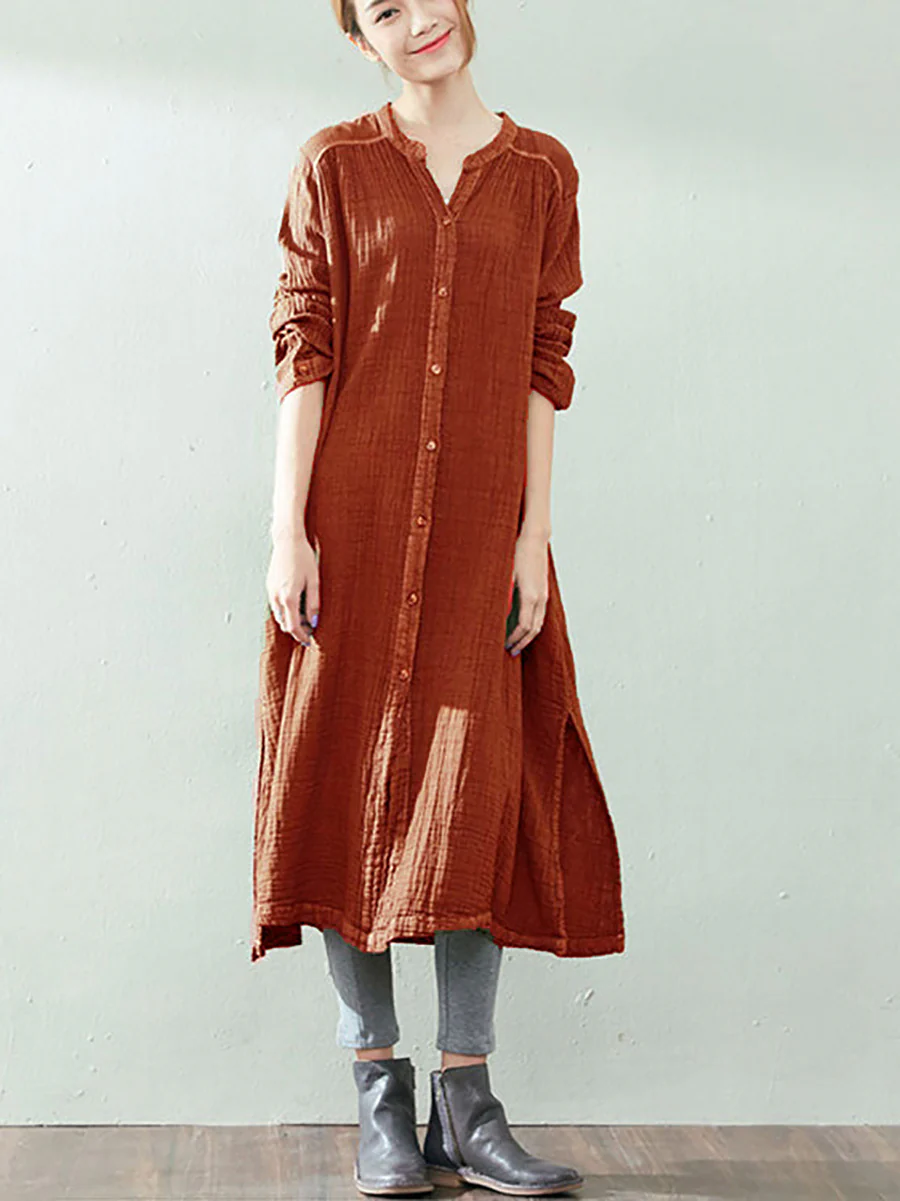 Autumn Artsy Solid Button V-Neck Loose Dress