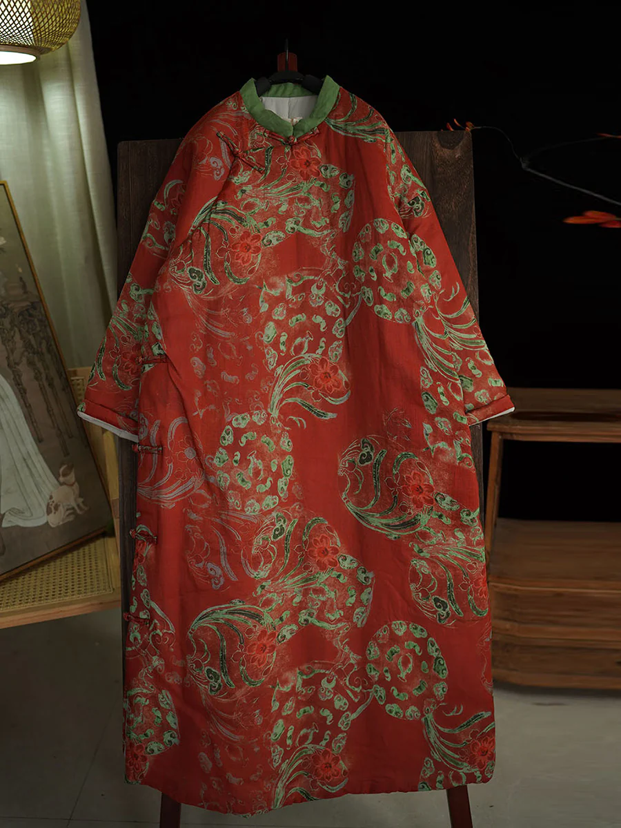 Autumn Ethnic Fish Print Ramie Robe Coat