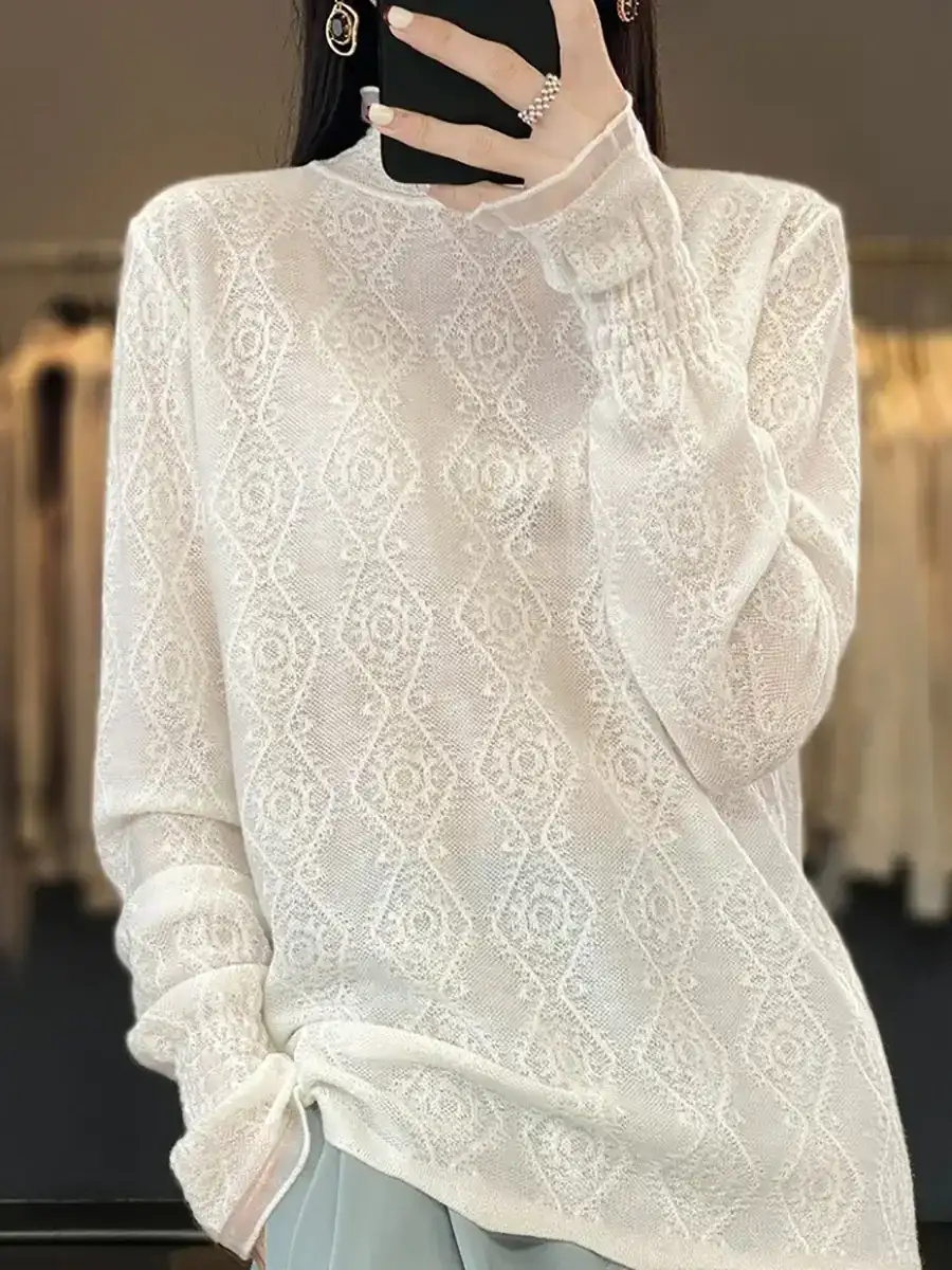 Autumn Lacework Knitted Half-Turtleneck Blouse