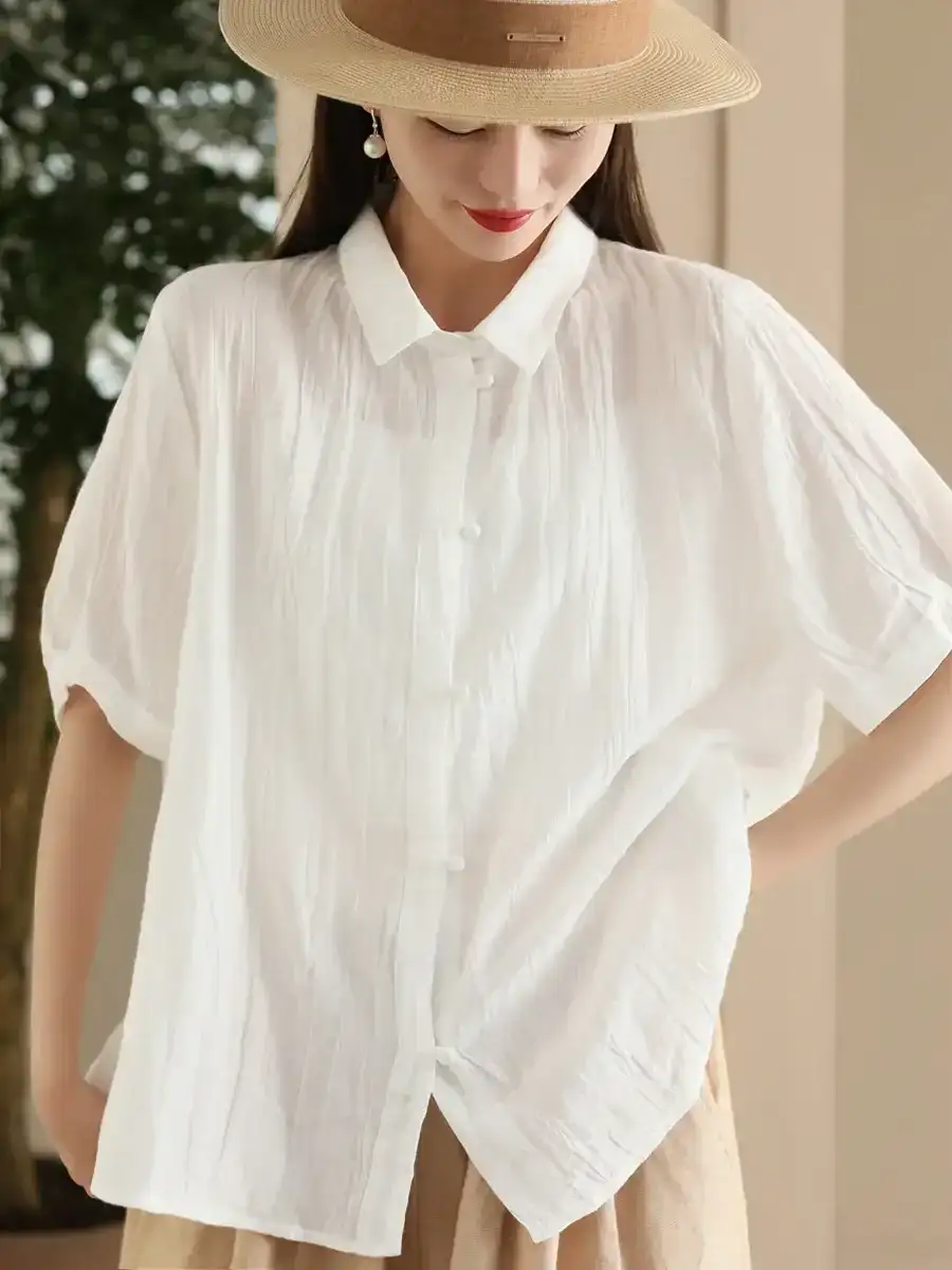 Summer Button-up Turn-down Collar Ramie Shirt