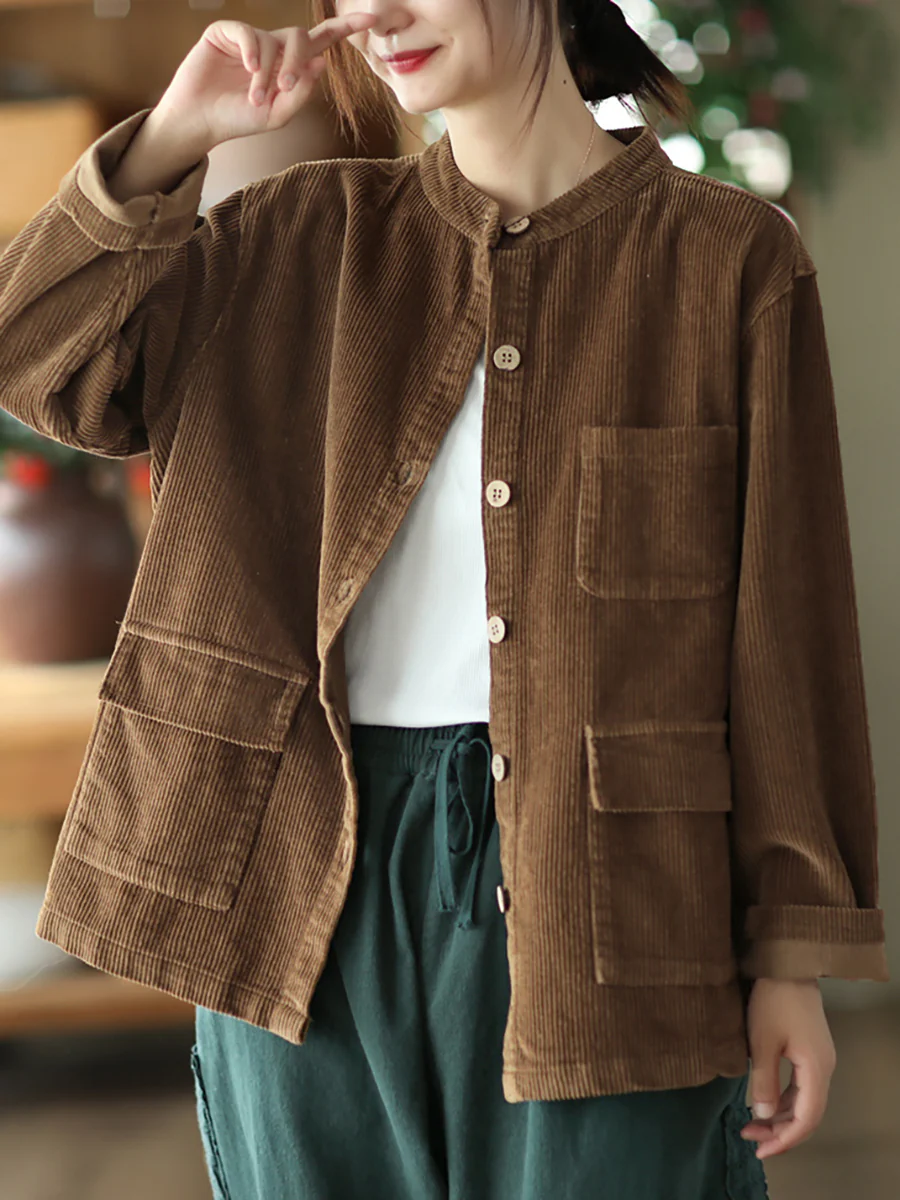  Women Solid Vintage Cotton Corduroy Coat