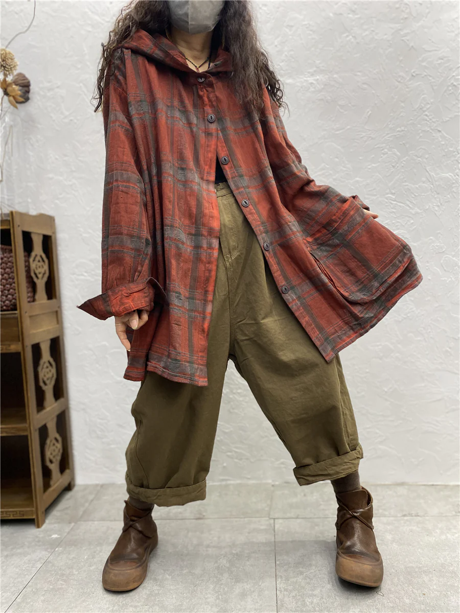 Women Vintage Plaid Spring Hooded Shirt Coat