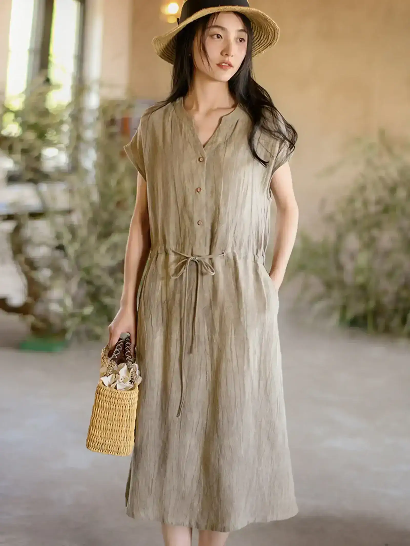 Summer Vintage Solid Strap Wrist Linen Dress