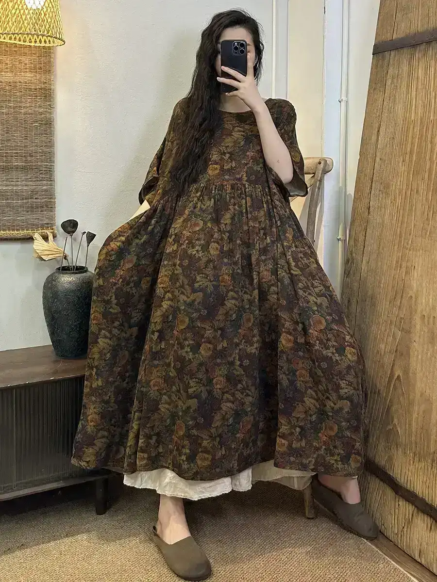 Plus Size Summer Vintage Floral Pleat Loose Dress