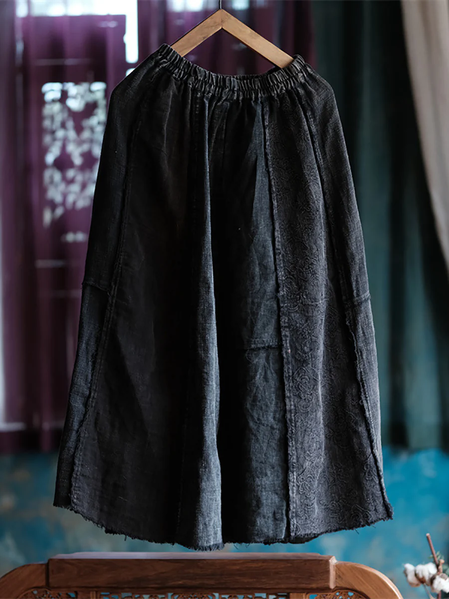 Vintage Linen Spliced Loose Raw-edge Skirt