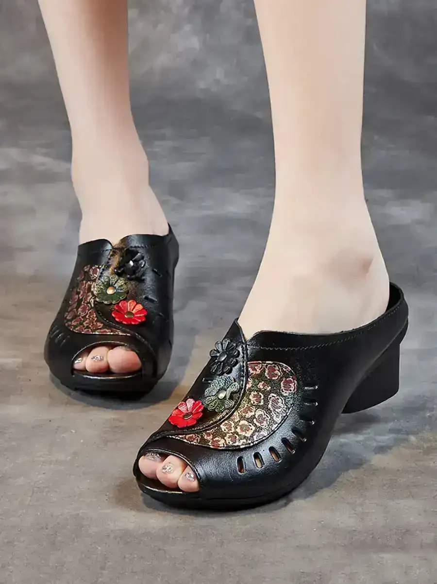 Summer Vintage Leather Flower Mid-Heel Sandals