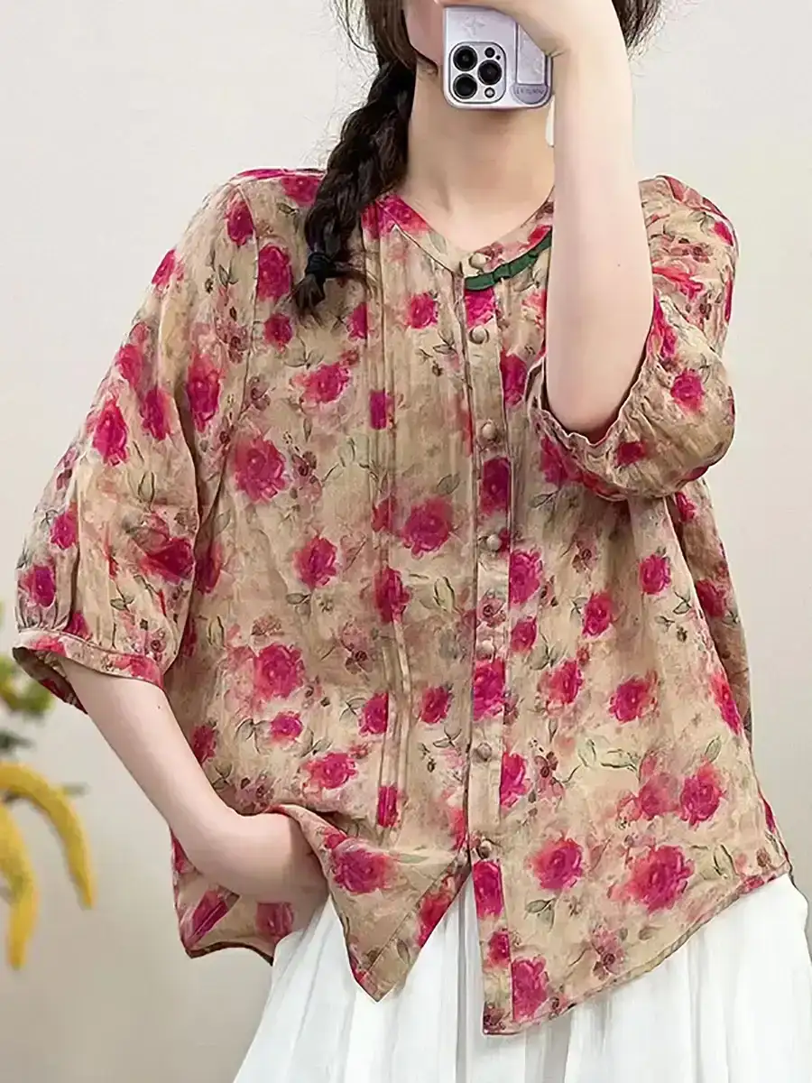 Vintage Floral Shirred Button-up Ramie Shirt