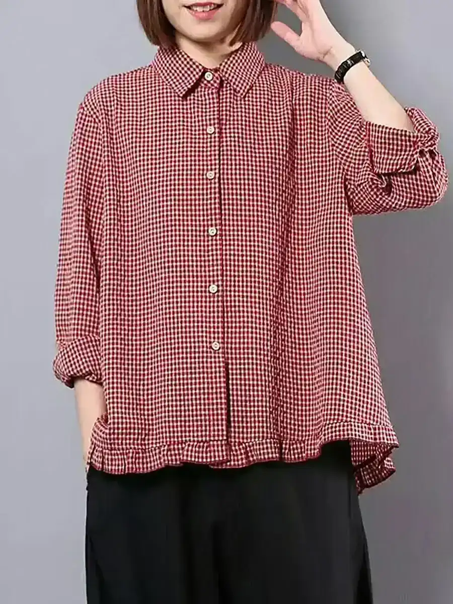 Plus Size Women Plaid Linen Cotton Shirt