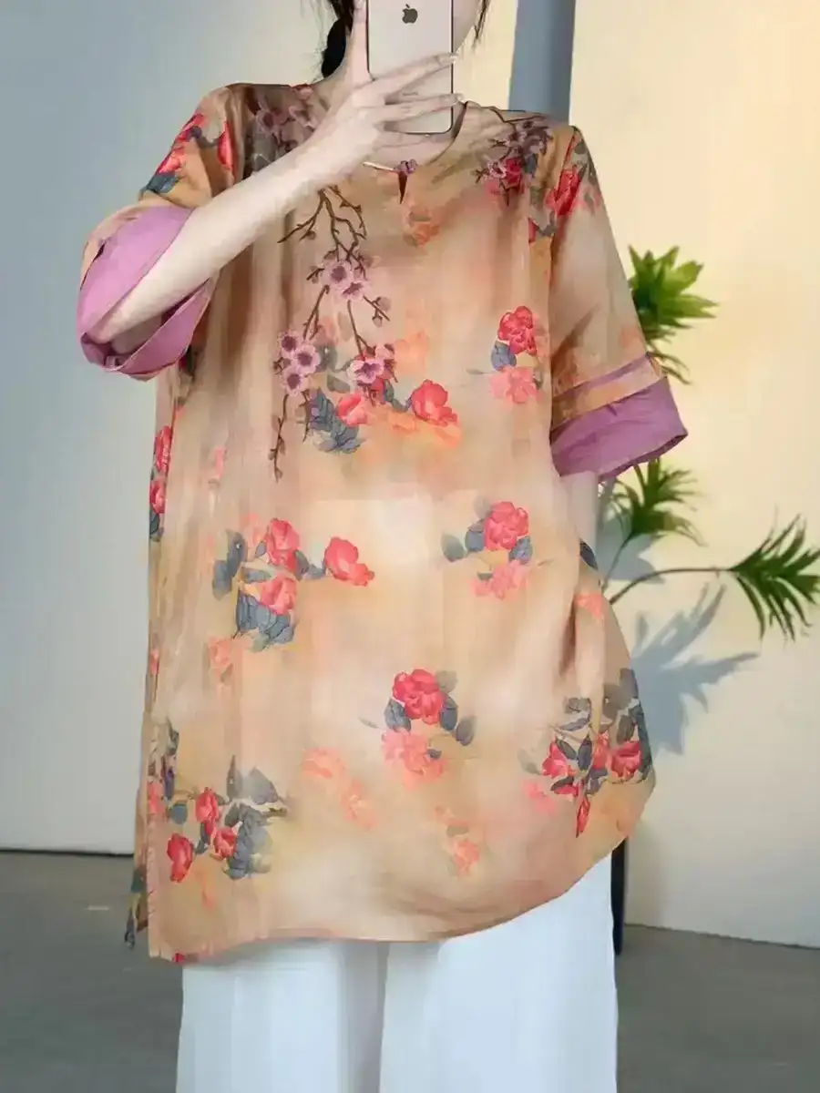 Vintage Flower Colorblock Ramie Shirt