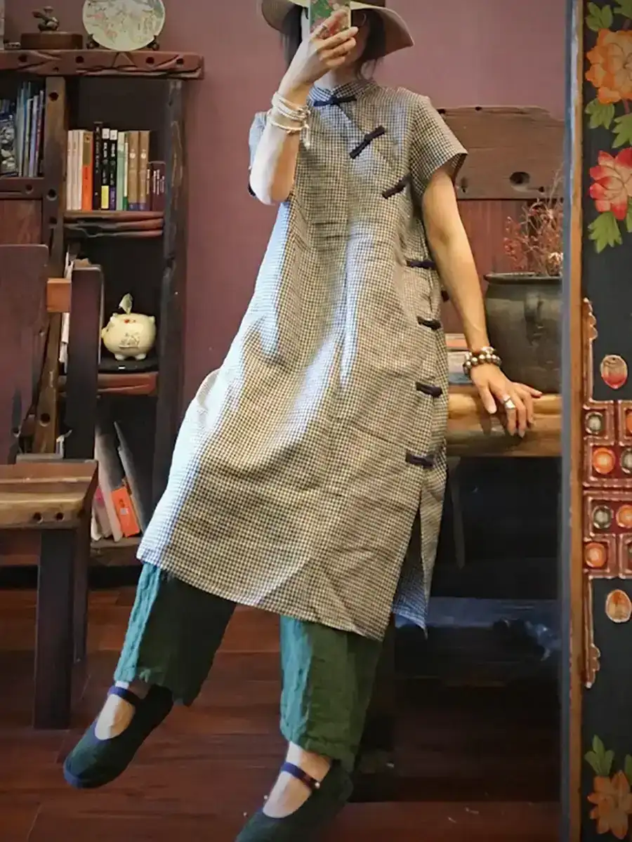 Plaid Linen Robe Dress