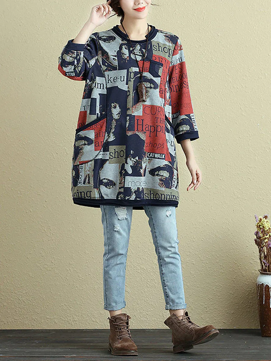 Autumn Print Stylish Pockets Long Shirt