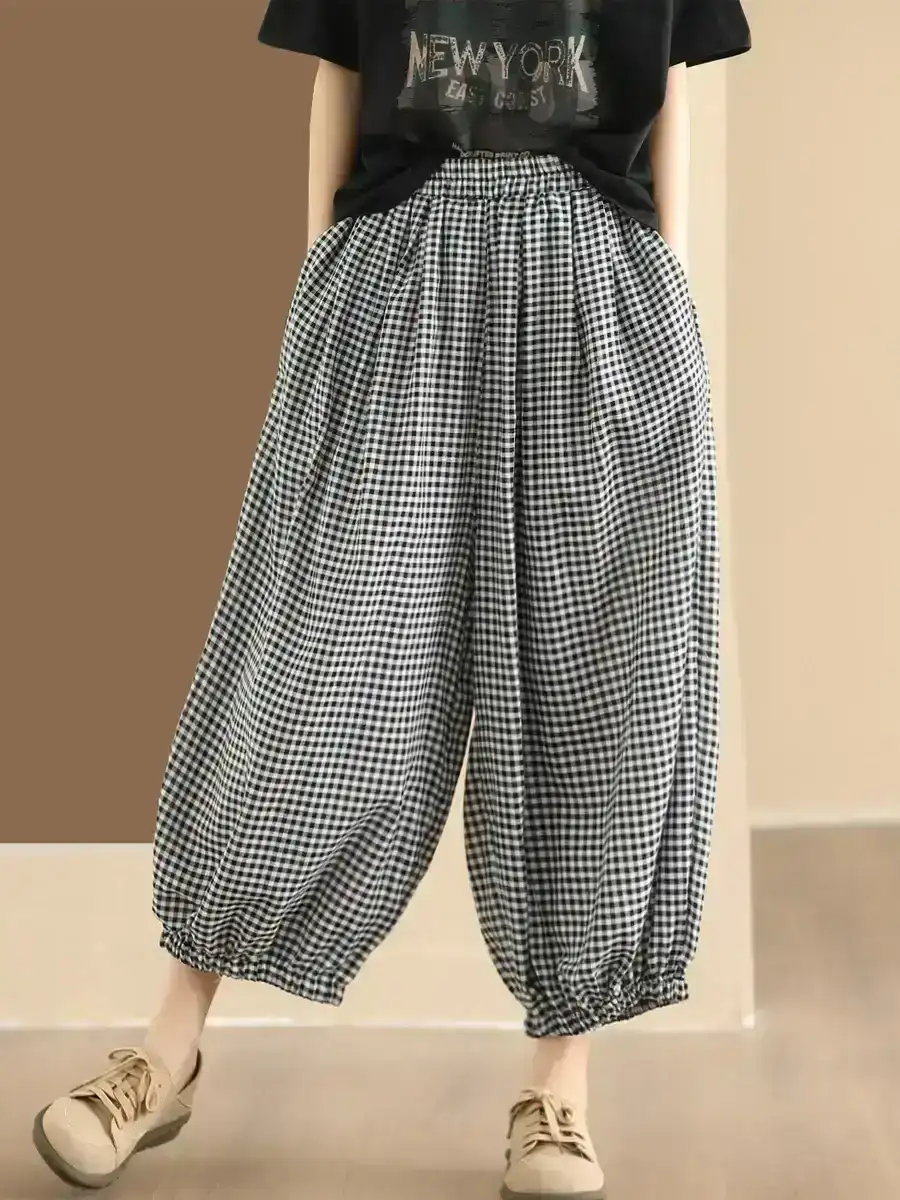 Women Summer Vintage Plaid Cotton Harem Pants