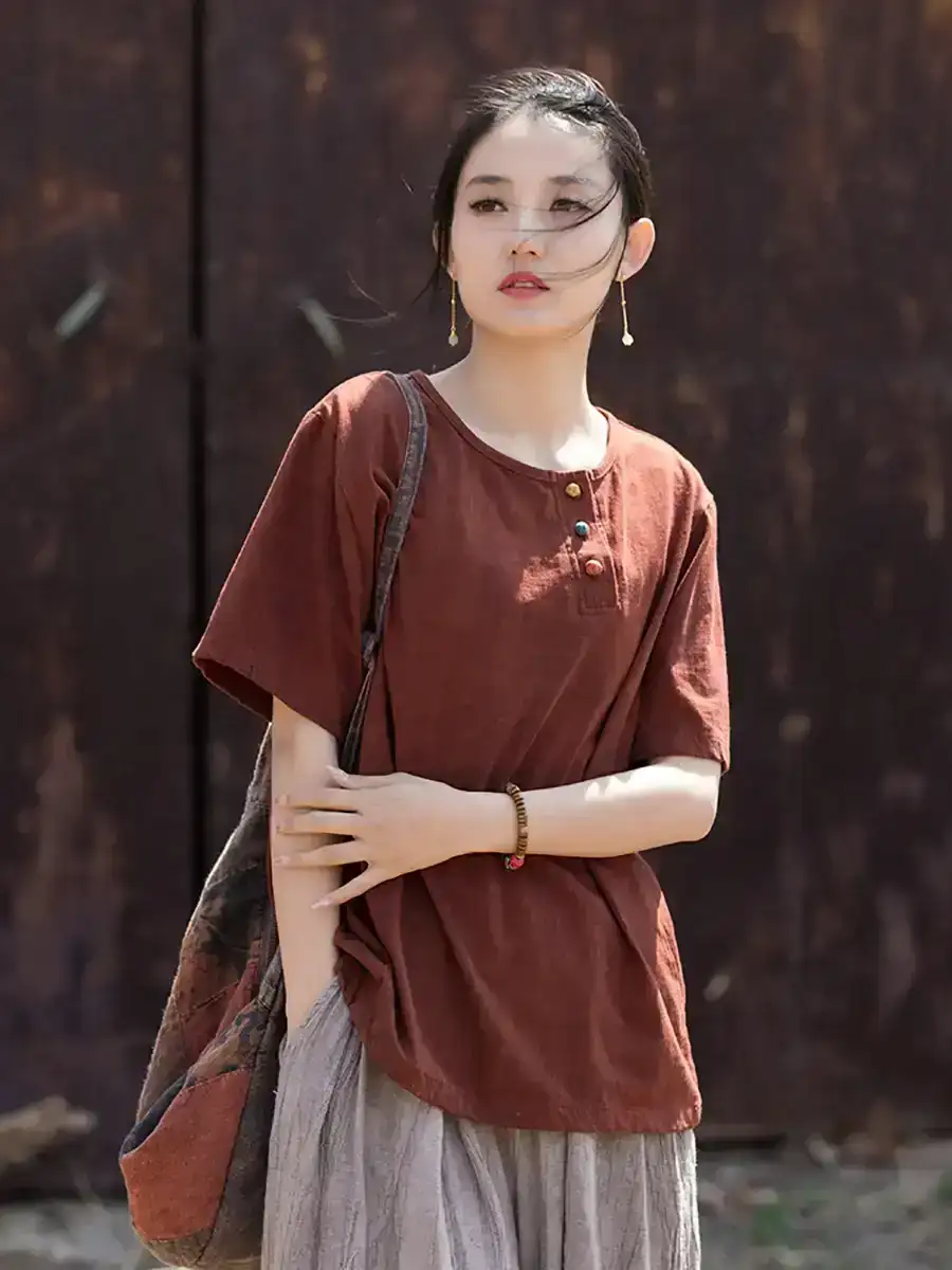 Women Summer Retro Cotton Linen Shirt