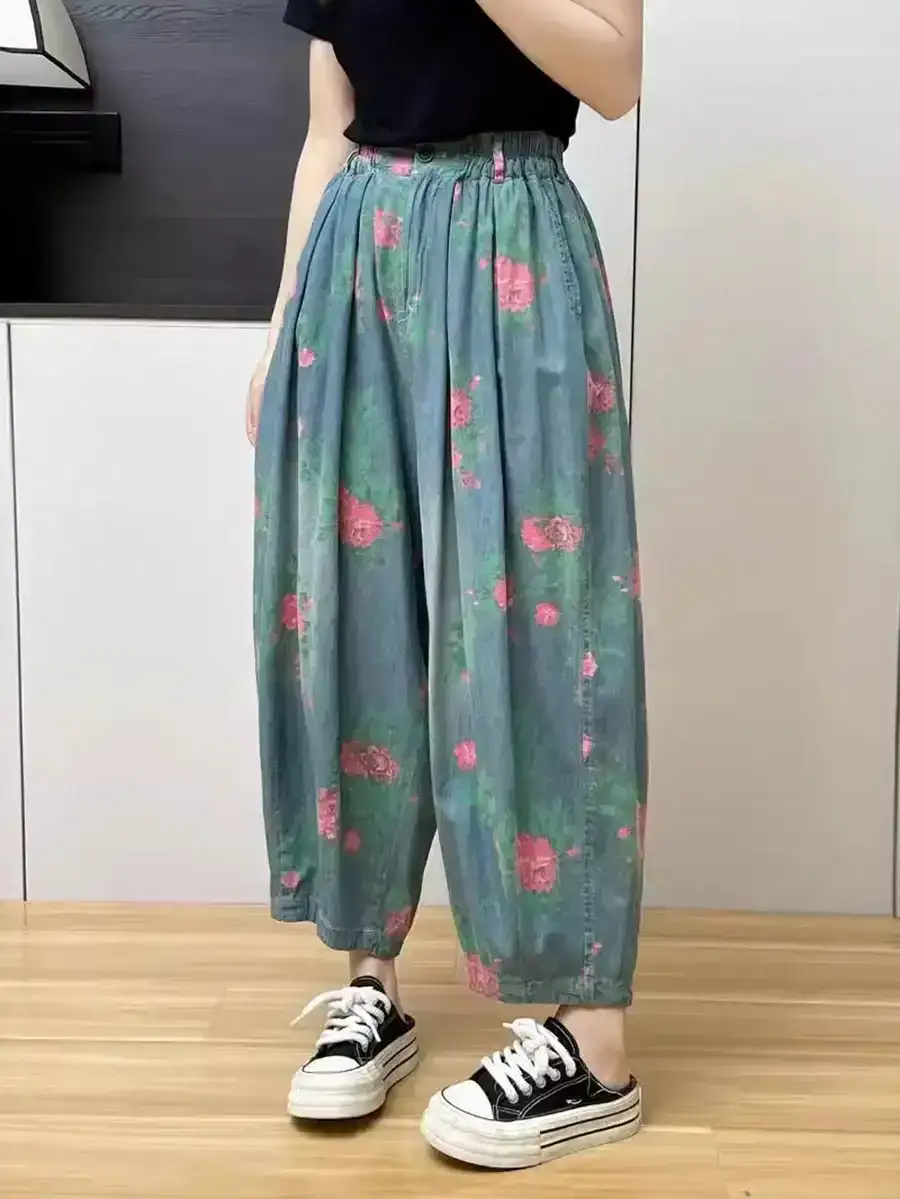 Casual Flower Denim Harem Pants