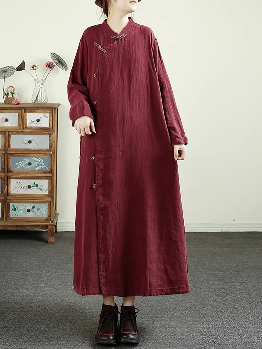 Autumn Colorblock 100%Linen Robe Dress