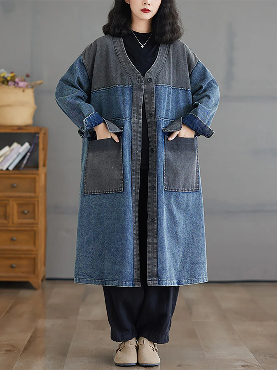 Autumn Worn Colorblock Denim Long Coat