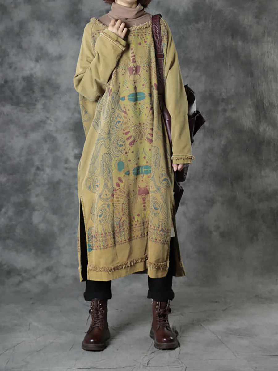 Autumn Ethnic Print O-Neck Loose Cotton Dress