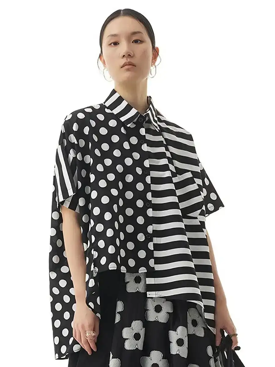 Cotton Stripe Dot Loose Irregular Shirt