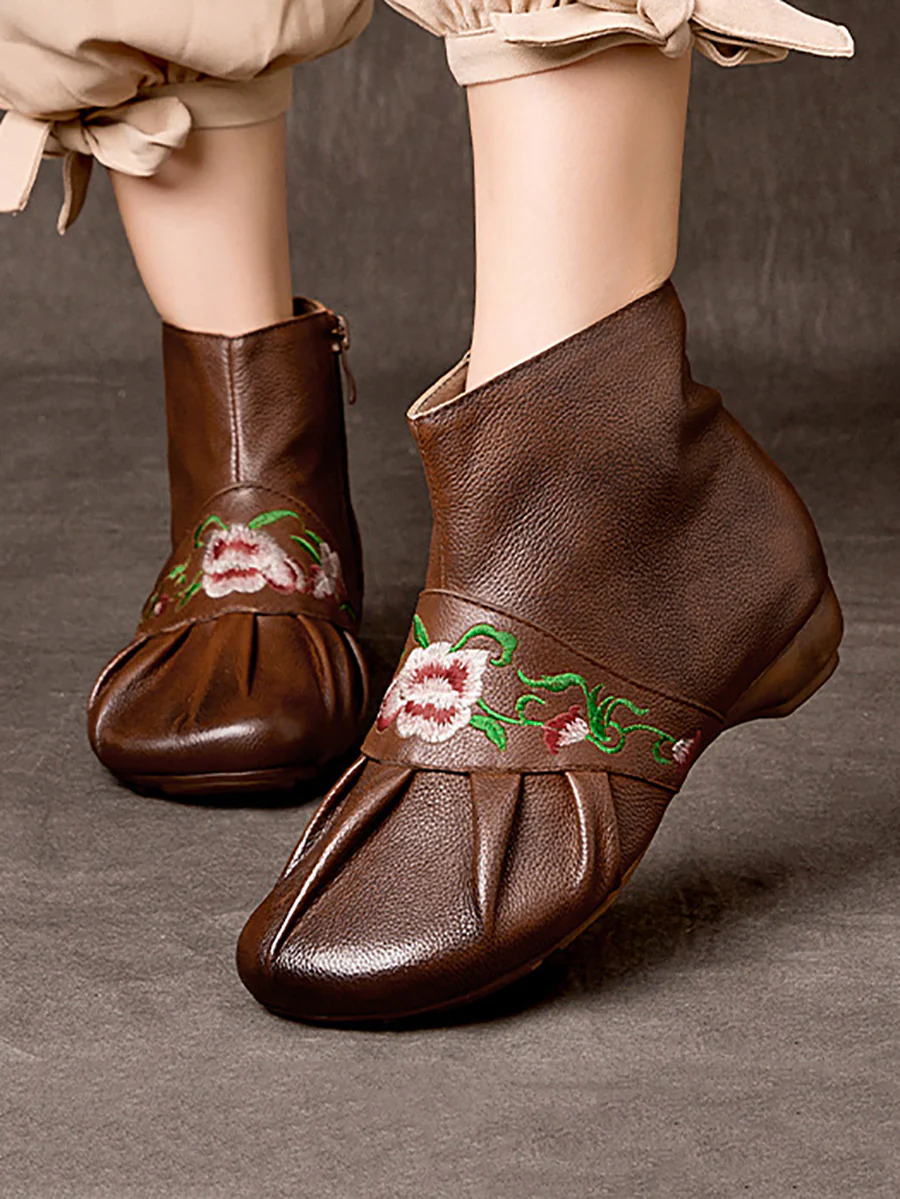 Ethnic Leather Embroidery Low Heel Boots