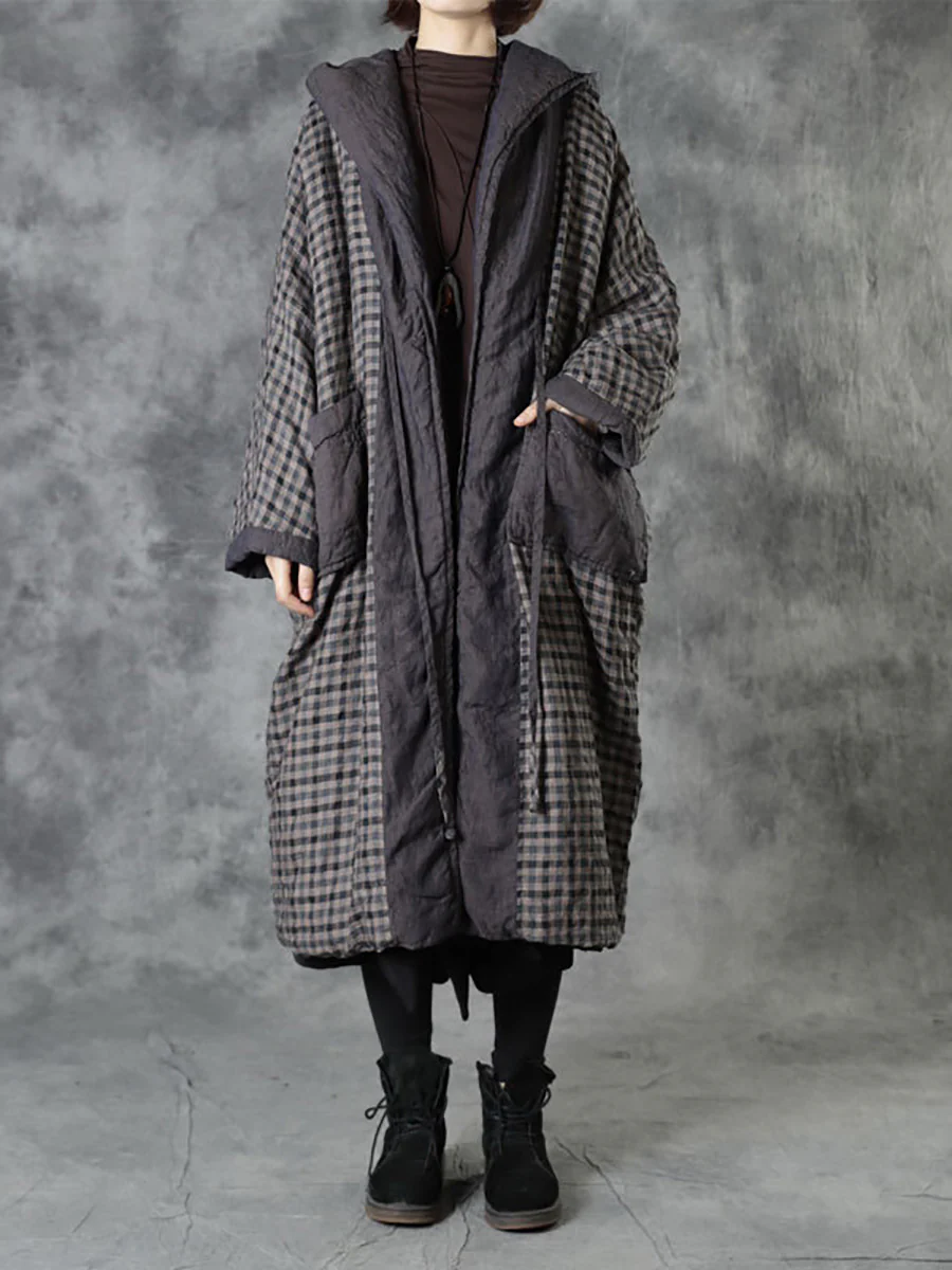 Vintage Plaid Colorblock 100%Linen Hooded Coat