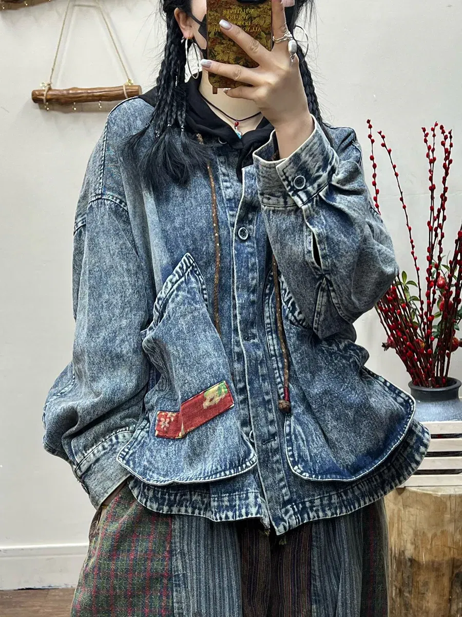 Retro Irregular Patch Pocket Denim Coat