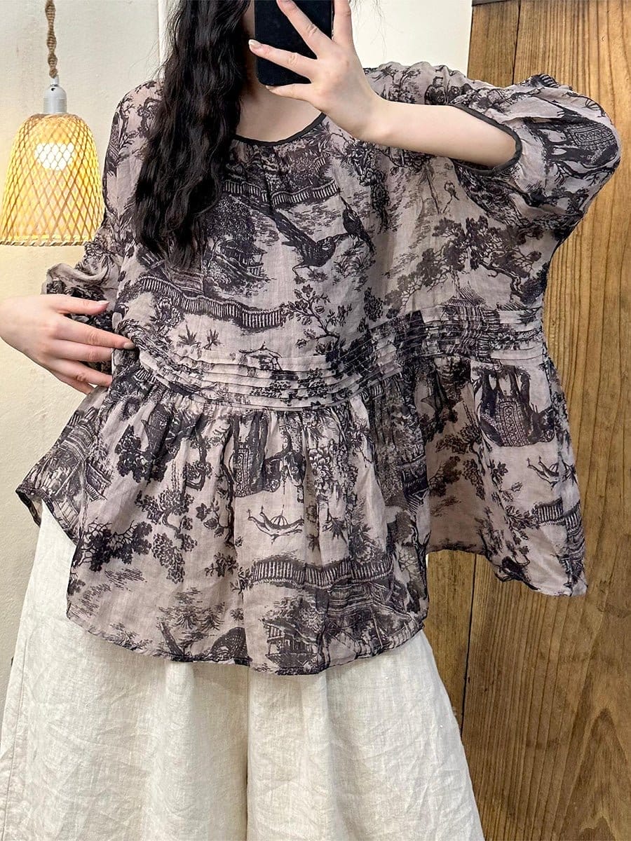 Women Summer Vintage Print Shirred O-Neck Ramie Shirt