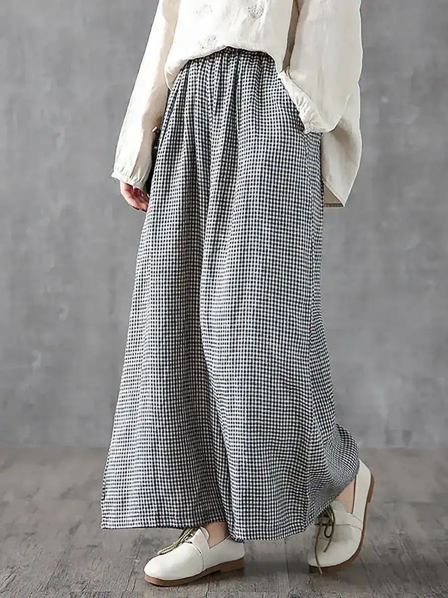 Plus Size- Buykud Hand-Made Plaid Linen Wide Leg Pants