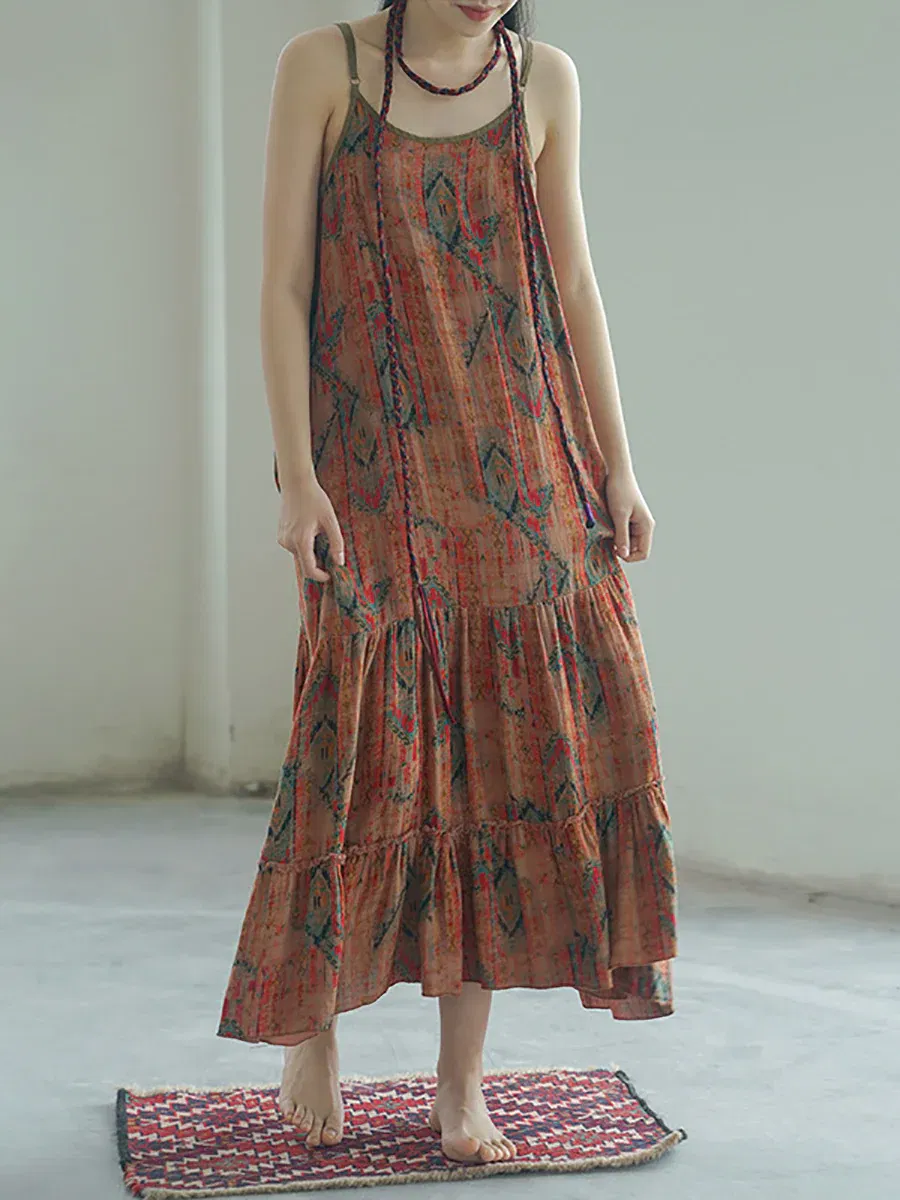 Exotic Print Cotton Loose Long Fishtail Vest Dress