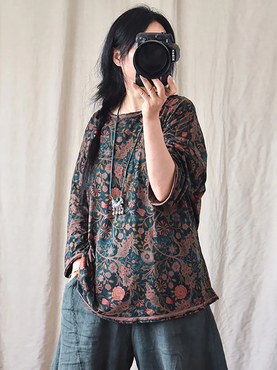  Autumn Flower O-Neck Loose Cotton Shirt