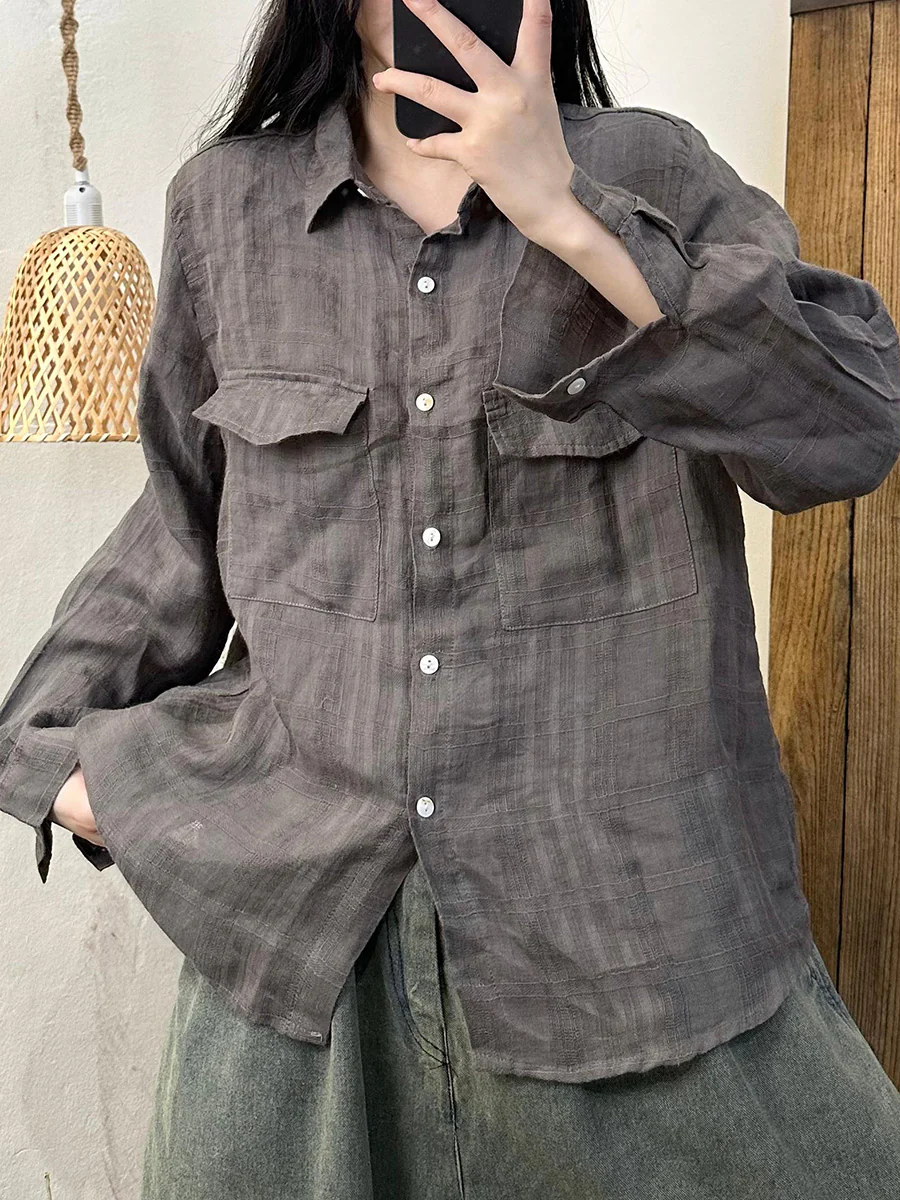 Autumn Solid Button-up Pocket Ramie Shirt