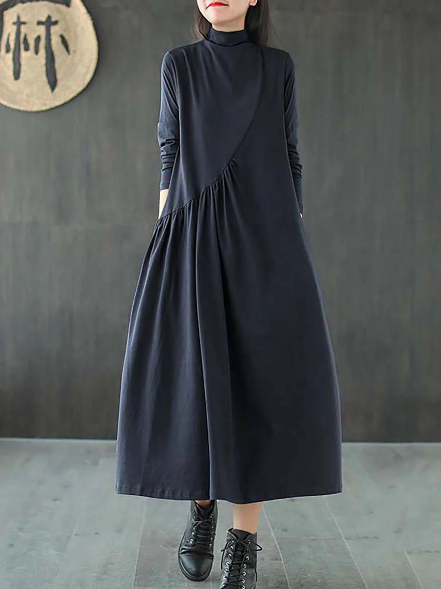  Solid Color Draped High Neckline Dress